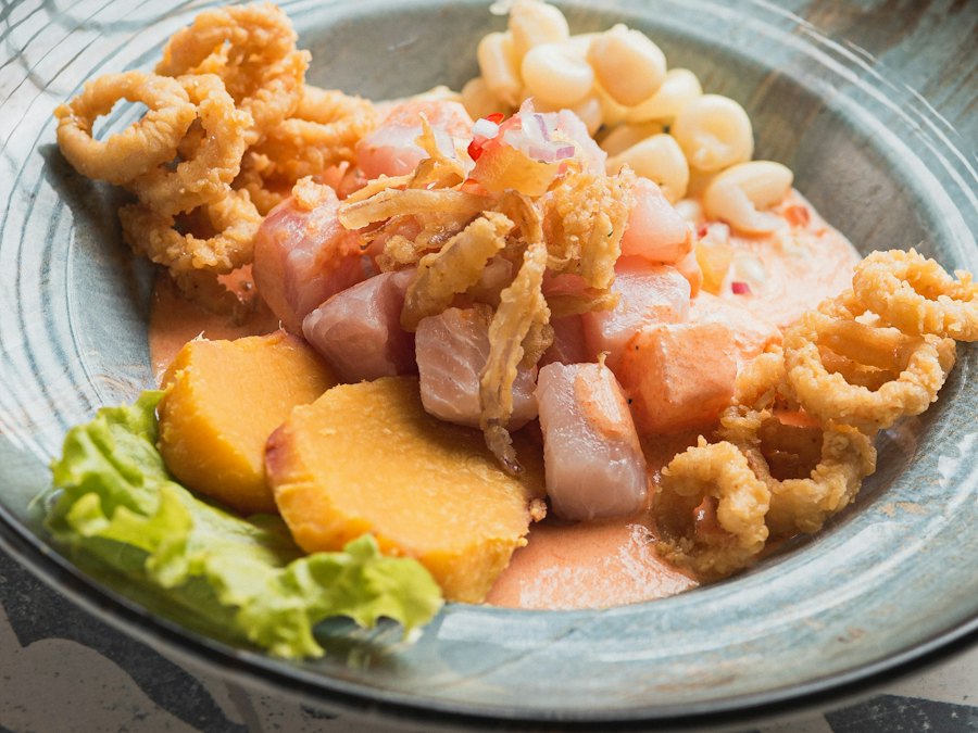 Seafood ceviche with fried calamari and sweet potato