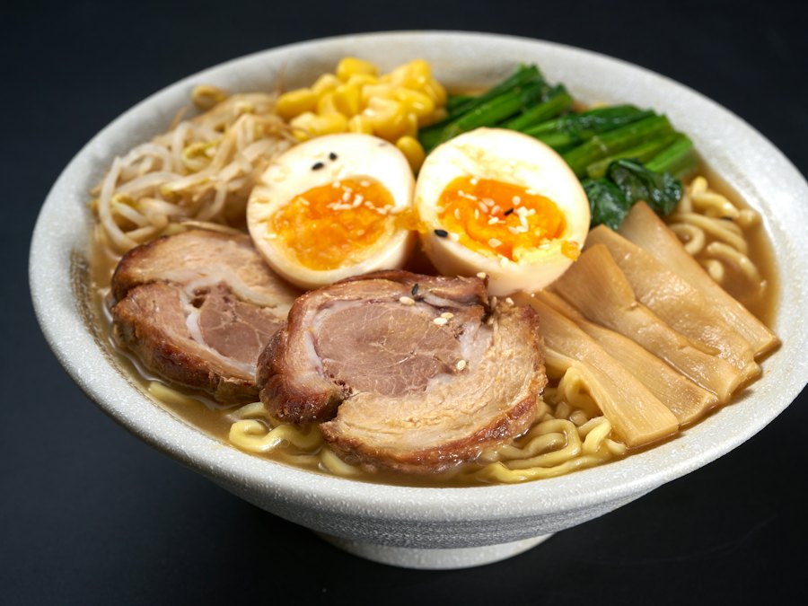Bowl of ramen with pork, egg, noodles and vegetables